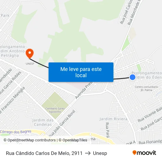 Rua Cândido Carlos De Melo, 2911 to Unesp map