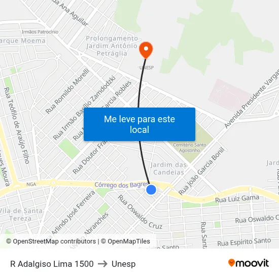 R Adalgiso Lima 1500 to Unesp map