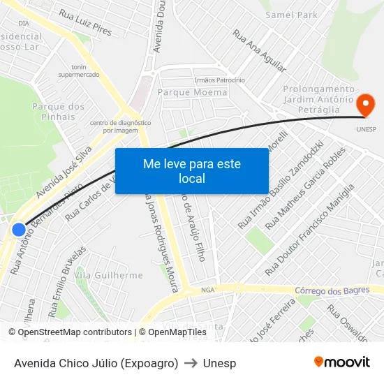 Avenida Chico Júlio (Expoagro) to Unesp map