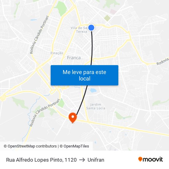 Rua Alfredo Lopes Pinto, 1120 to Unifran map