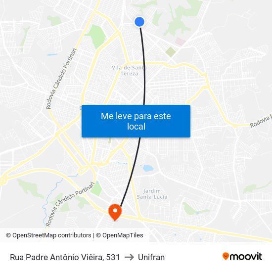 Rua Padre Antônio Viêira, 531 to Unifran map