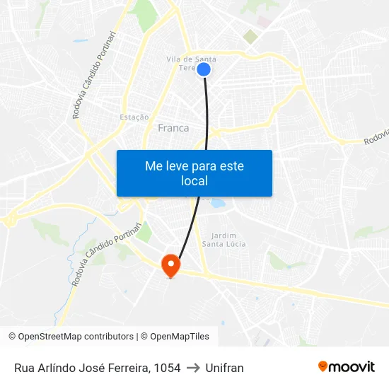 Rua Arlíndo José Ferreira, 1054 to Unifran map