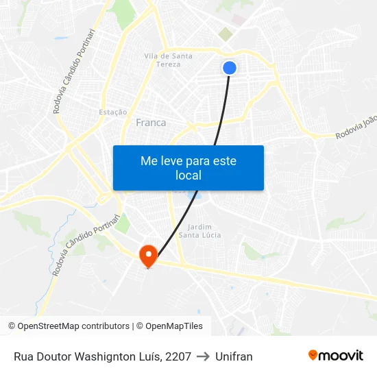 Rua Doutor Washignton Luís, 2207 to Unifran map