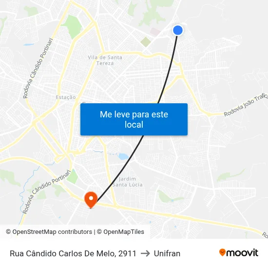 Rua Cândido Carlos De Melo, 2911 to Unifran map