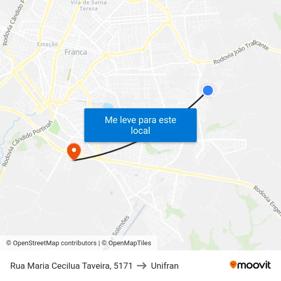 Rua Maria Cecilua Taveira, 5171 to Unifran map