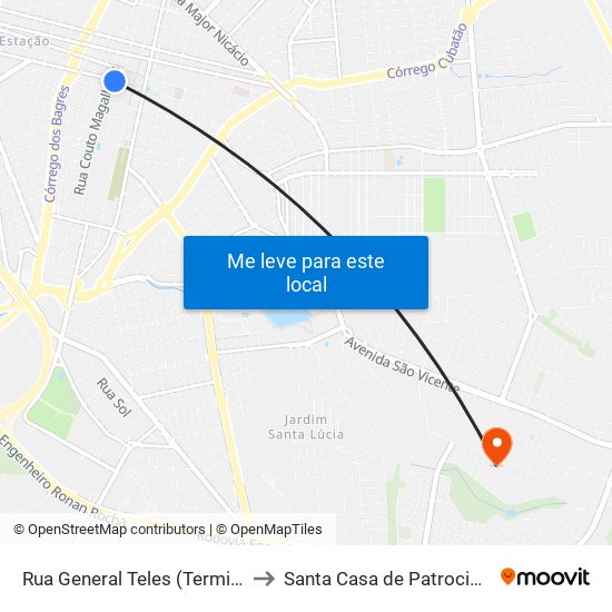Rua General Teles (Terminal Central) to Santa Casa de Patrocinio Paulista map