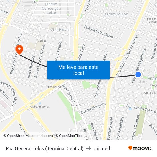 Rua General Teles (Terminal Central) to Unimed map