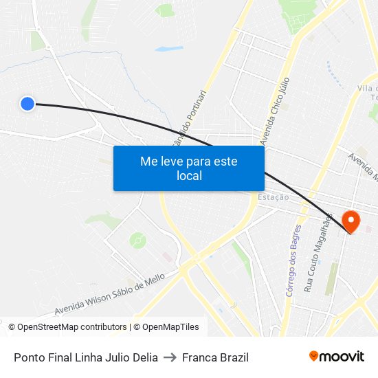 Ponto Final Linha Julio Delia to Franca Brazil map