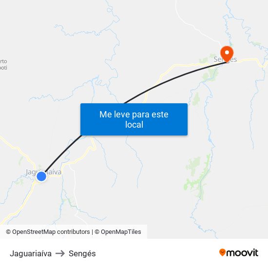 Jaguariaíva to Sengés map