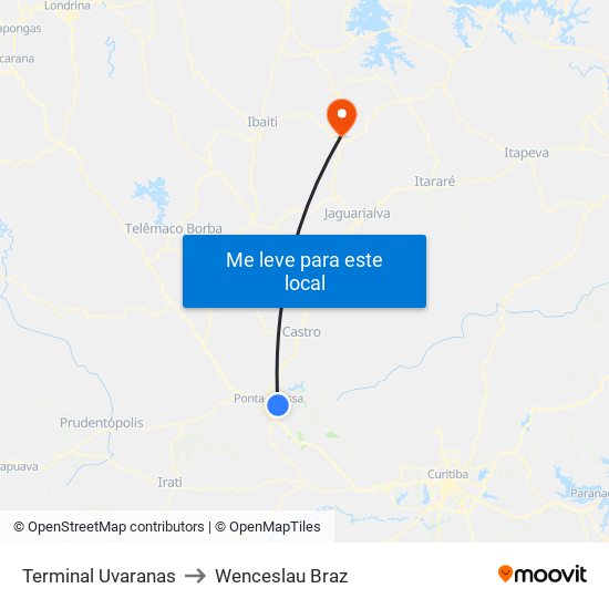 Terminal Uvaranas to Wenceslau Braz map