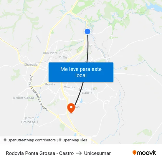 Rodovia Ponta Grossa - Castro to Unicesumar map