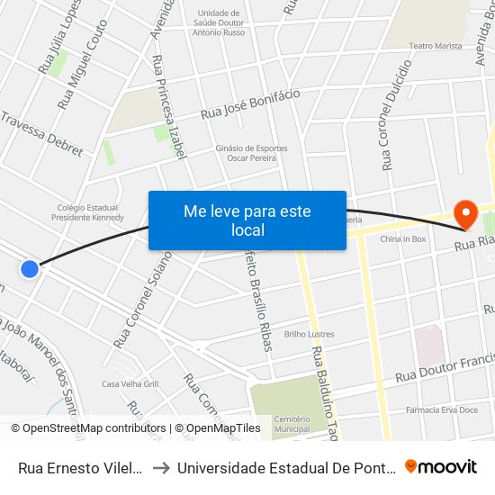 Rua Ernesto Vilela, 607 to Universidade Estadual De Ponta Grossa map