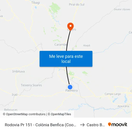 Rodovia Pr 151 - Colônia Benfica (Coopagricola) to Castro Brazil map