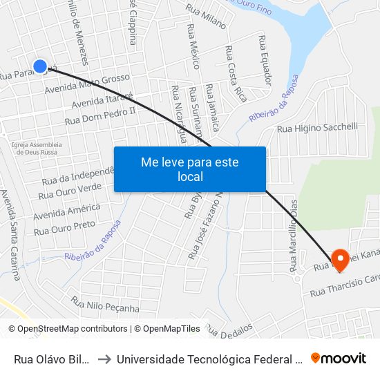 Rua Olávo Bilac, 1148-1264 to Universidade Tecnológica Federal Do Paraná - Campus Apucarana map