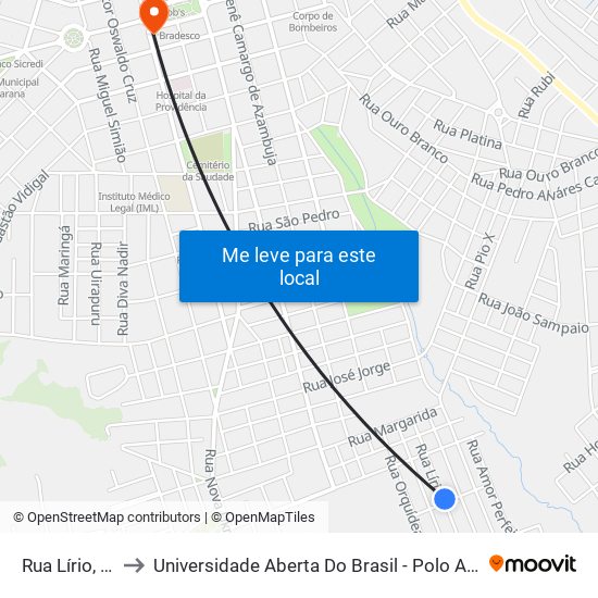 Rua Lírio, 315 to Universidade Aberta Do Brasil - Polo Apucarana map