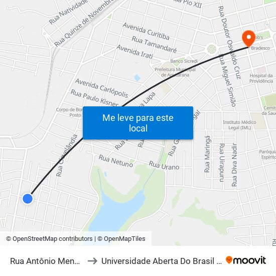 Rua Antônio Menegazzo, 152 to Universidade Aberta Do Brasil - Polo Apucarana map