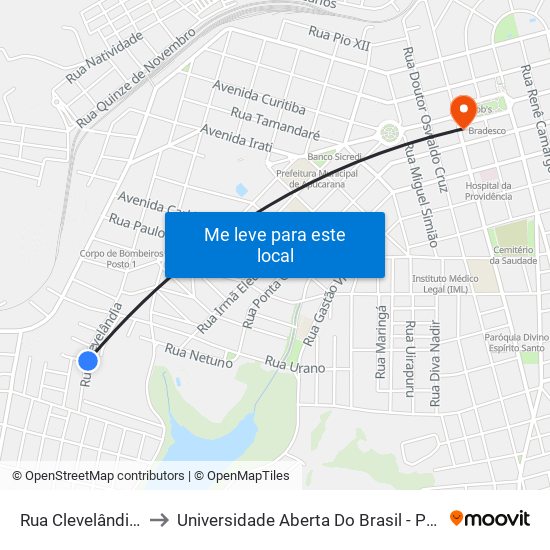 Rua Clevelândia, 1057 to Universidade Aberta Do Brasil - Polo Apucarana map