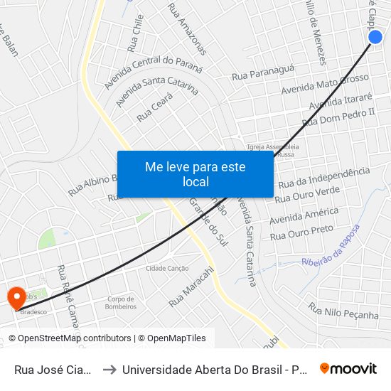 Rua José Ciapina, 29 to Universidade Aberta Do Brasil - Polo Apucarana map