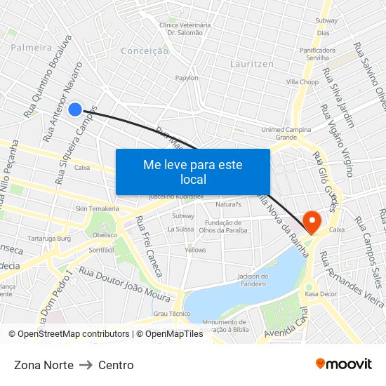 Zona Norte to Centro map