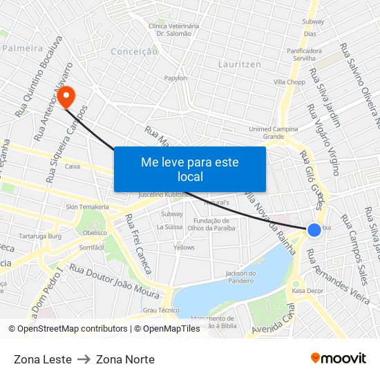 Zona Leste to Zona Norte map