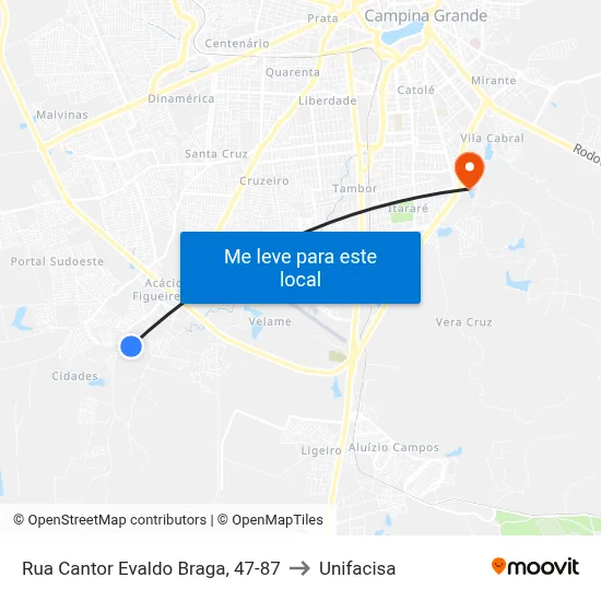 Rua Cantor Evaldo Braga, 47-87 to Unifacisa map