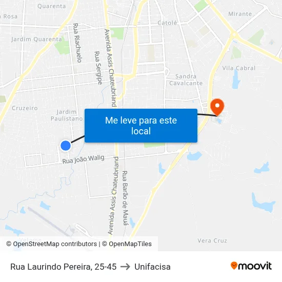 Rua Laurindo Pereira, 25-45 to Unifacisa map