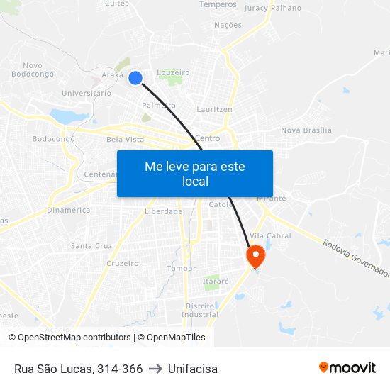 Rua São Lucas, 314-366 to Unifacisa map