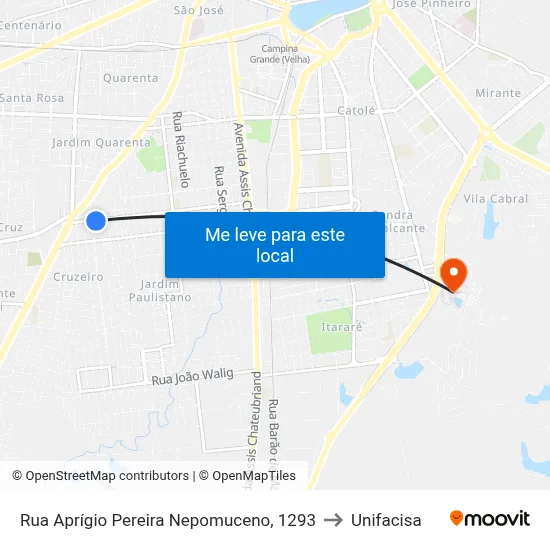 Rua Aprígio Pereira Nepomuceno, 1293 to Unifacisa map