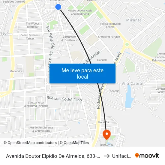 Avenida Doutor Elpídio De Almeida, 633-647 to Unifacisa map