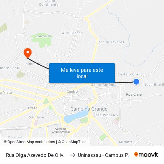 Rua Olga Azevedo De Oliveira, 619 to Uninassau - Campus Palmeira map