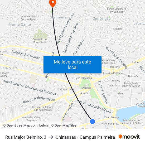 Rua Major Belmiro, 3 to Uninassau - Campus Palmeira map