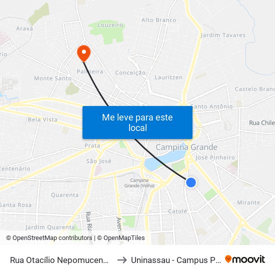 Rua Otacílio Nepomuceno, 76-100 to Uninassau - Campus Palmeira map