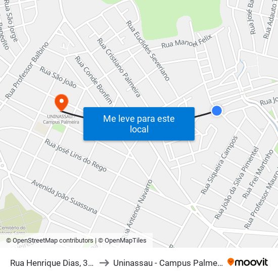 Rua Henrique Dias, 370 to Uninassau - Campus Palmeira map