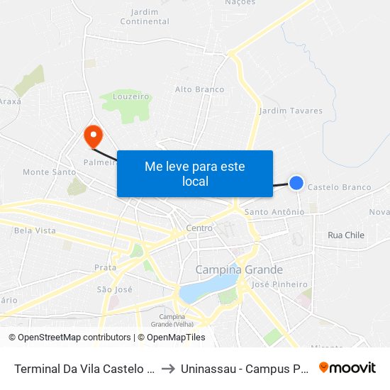 Terminal Da Vila Castelo Branco to Uninassau - Campus Palmeira map