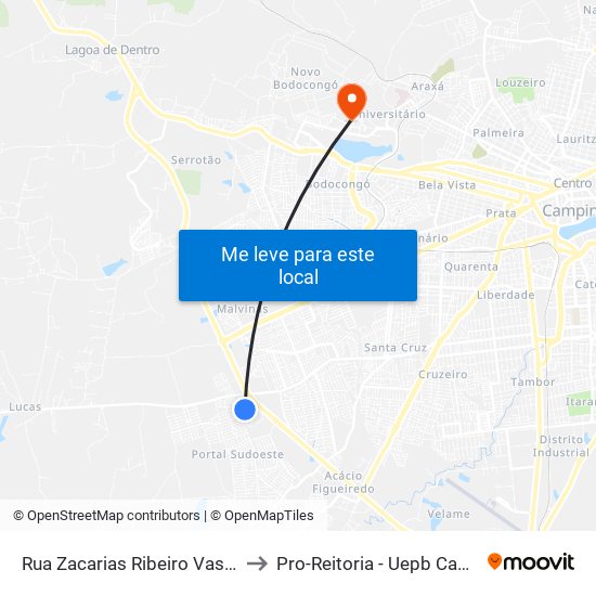 Rua Zacarias Ribeiro Vasconcelos, 30a to Pro-Reitoria - Uepb Campina Grande map