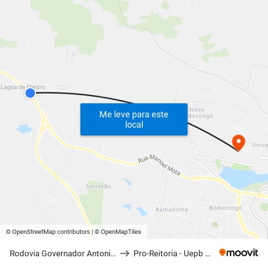 Rodovia Governador Antonio Mariz, 3305-4189 to Pro-Reitoria - Uepb Campina Grande map