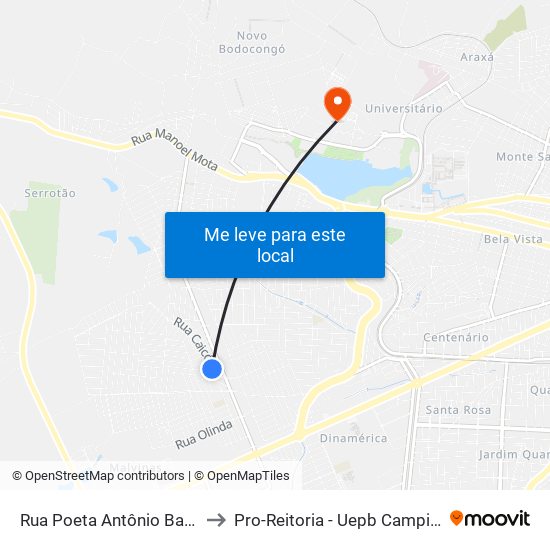 Rua Poeta Antônio Barbosa, 70 to Pro-Reitoria - Uepb Campina Grande map