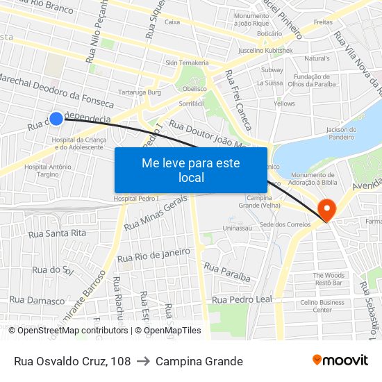 Rua Osvaldo Cruz, 108 to Campina Grande map