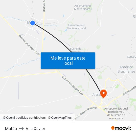 Matão to Vila Xavier map
