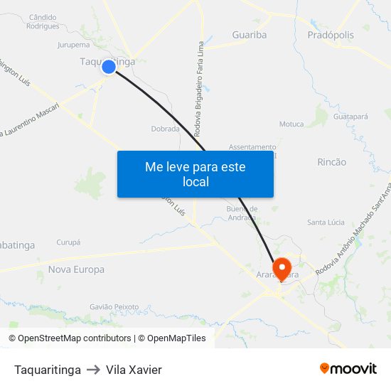 Taquaritinga to Vila Xavier map