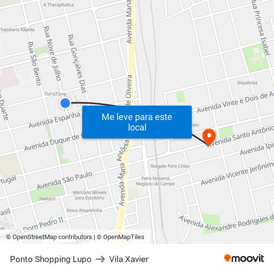 Ponto Shopping Lupo to Vila Xavier map