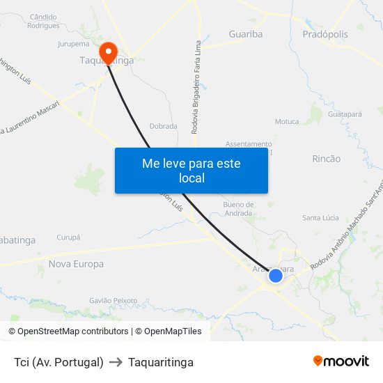 Tci (Av. Portugal) to Taquaritinga map
