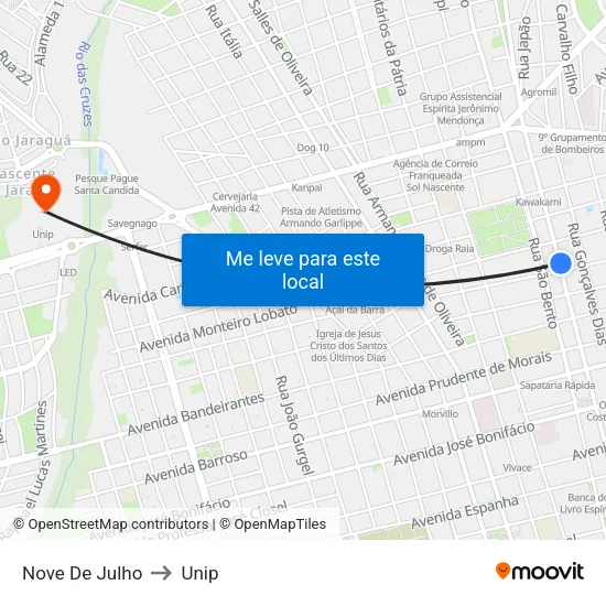 Nove De Julho to Unip map