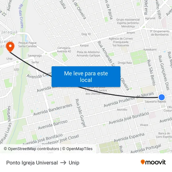 Ponto Igreja Universal to Unip map
