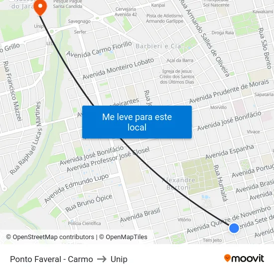 Ponto Faveral - Carmo to Unip map
