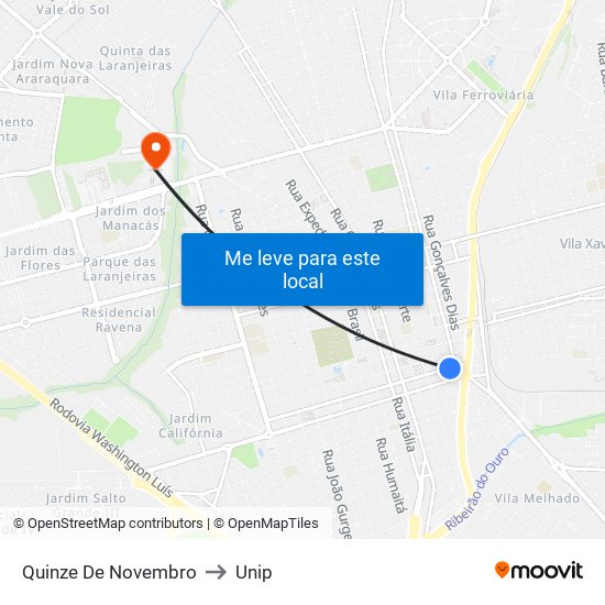 Quinze De Novembro to Unip map