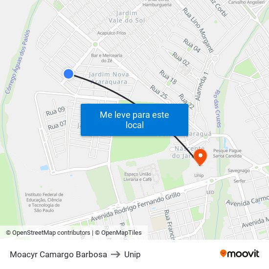 Moacyr Camargo Barbosa to Unip map