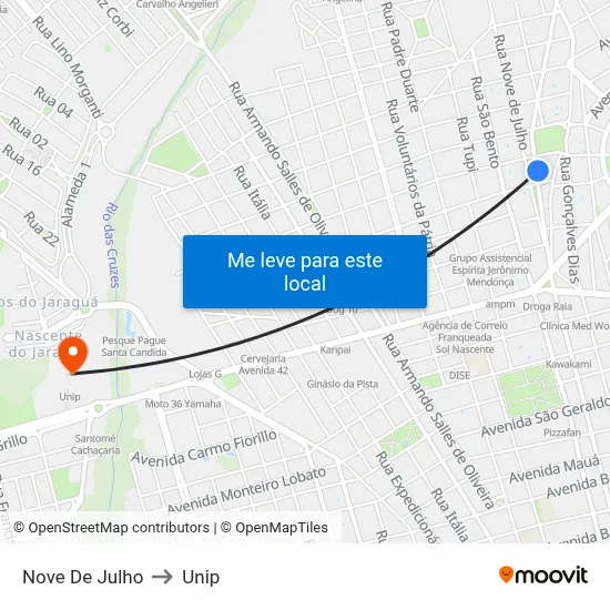 Nove De Julho to Unip map