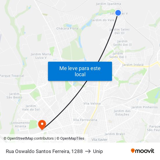 Rua Oswaldo Santos Ferreira, 1288 to Unip map