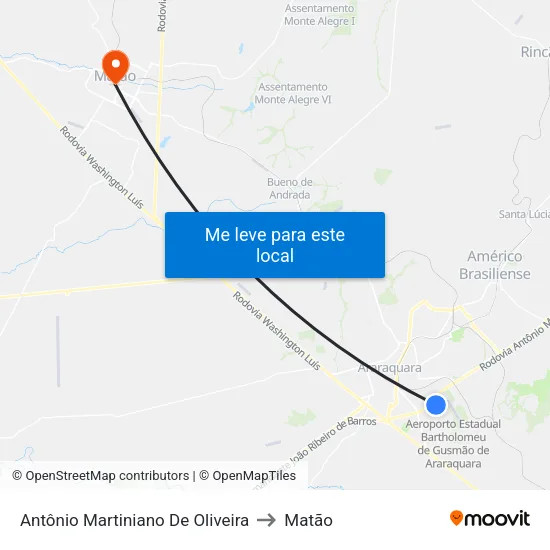 Antônio Martiniano De Oliveira to Matão map